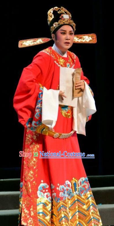 Chinese Yue Opera Official Red Embroidered Robe Feng Xue Yu Qiao Ji Costumes and Headwear Shaoxing Opera Young Male Apparels Scholar Garment