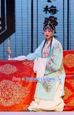 Chinese Shaoxing Opera Hua Tan Garment and Headpieces Yue Opera Tell On Sargam Zhang Zhenzhu Blue Dress Distress Maiden Costumes Apparels