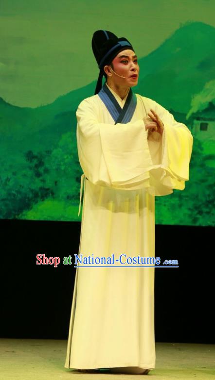 Chinese Yue Opera Scholar Shuang Jiao Jie Qin Costumes and Hat Shaoxing Opera Young Male Garment White Robe Niche Apparels