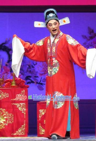 Chinese Yue Opera Young Male Tell On Sargam Costumes and Hat Shaoxing Opera Xiaosheng Garment Scholar Red Apparels Clothing