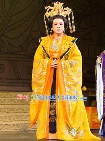 Chinese Shaoxing Opera Empress Costumes and Headdress Yue Opera Farewell Song of Da Tang Apparels Garment Queen Wu Zetian Golden Dress