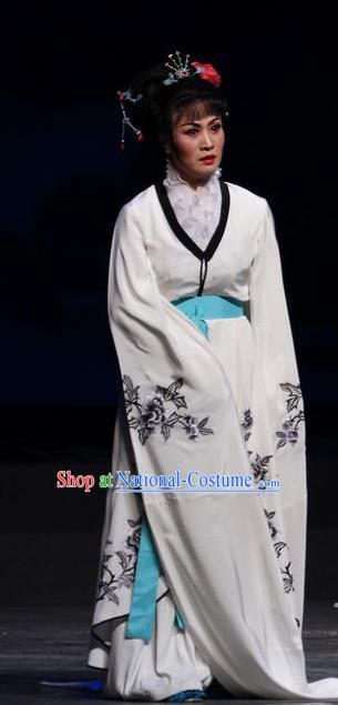 Chinese Shaoxing Opera Hua Tan White Dress and Hair Accessories Yue Opera The Ungrateful Lover Qing Tan Actress Apparels Young Lady Jiao Guiying Costume