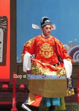 Chinese Yue Opera Tell On Sargam Costumes and Hat Shaoxing Opera Xiaosheng Garment Young Male Apparels Clothing Chen Guangzu Red Embroidered Robe