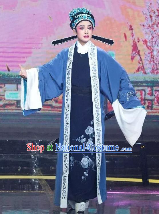 Chinese Yue Opera Niche Scholar Lu You And Tang Wan Costumes and Headwear Shaoxing Opera Xiaosheng Apparels Blue Embroidered Robe Garment