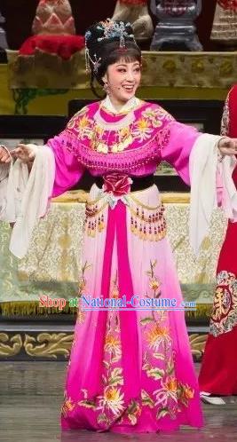 Chinese Shaoxing Opera Actress Rosy Dress Apparels Yue Opera Wu Nv Bai Shou Hua Dan Costumes Garment and Headpieces