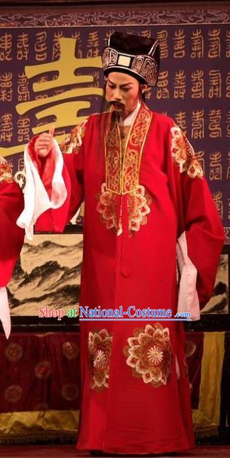 Chinese Yue Opera Old Man Wu Nv Bai Shou Landlord Costumes and Hat Shaoxing Opera Apparels Elderly Male Yang Jikang Vestment Red Garment