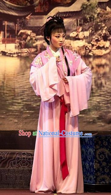 Chinese Shaoxing Opera Young Female Pink Dress Apparels Yue Opera Wu Nv Bai Shou Costumes Hua Tan Actress Garment and Hair Accessories