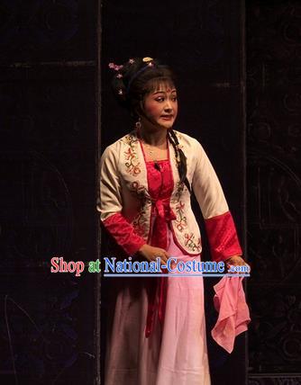 Chinese Shaoxing Opera Xiao Dan Dress Yue Opera Wu Nv Bai Shou Costumes Garment Servant Girl Cui Yun Apparels and Hair Ornaments