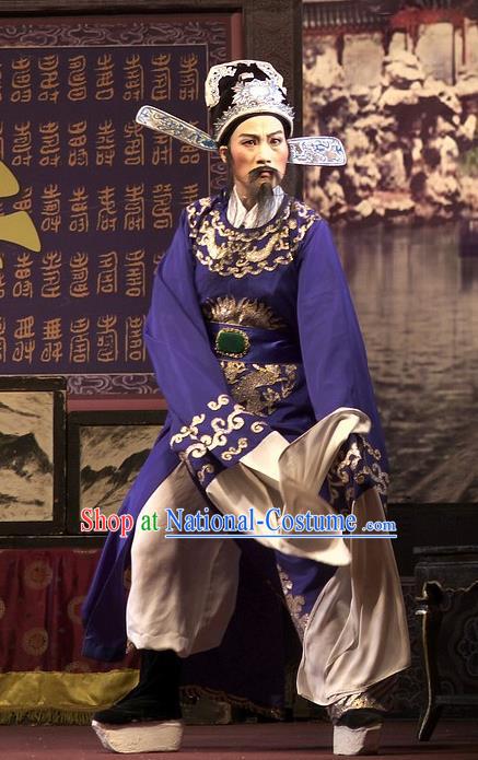 Chinese Yue Opera Elderly Man Wu Nv Bai Shou Costumes and Hat Shaoxing Opera Apparels Lao Sheng Embroidered Robe Blue Vestment Garment