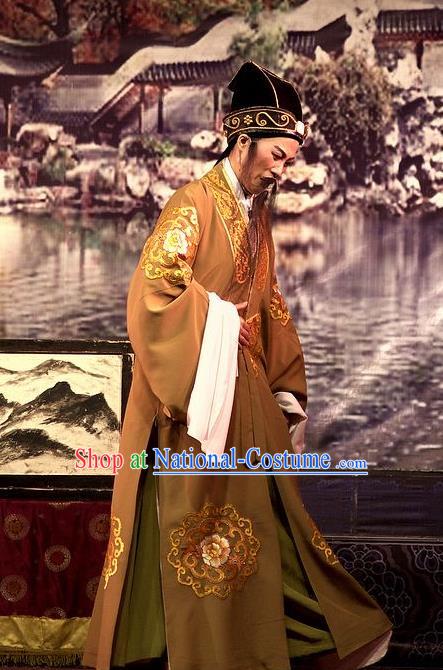 Chinese Yue Opera Laosheng Wu Nv Bai Shou Costumes and Hat Shaoxing Opera Apparels Elderly Male Embroidered Robe Landlord Yang Jikang Garment