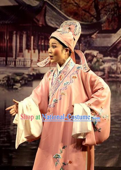 Chinese Yue Opera Xiaosheng Wu Nv Bai Shou Costumes and Headwear Shaoxing Opera Young Male Apparels Scholar Pink Embroidered Robe Garment