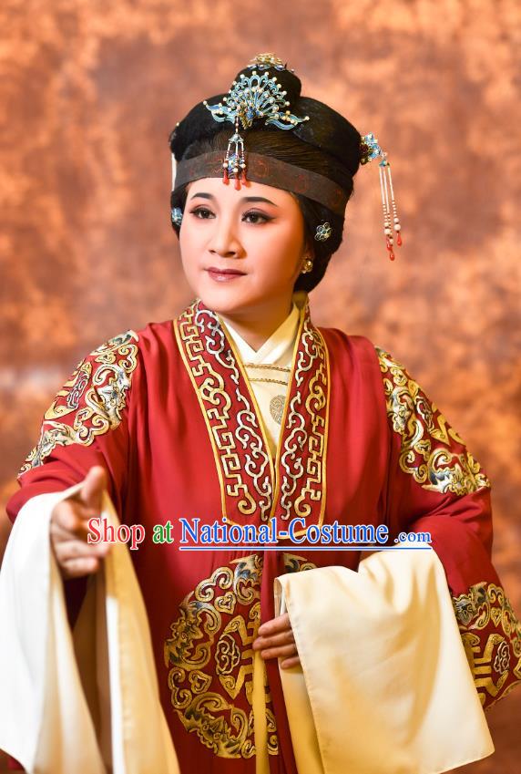 Chinese Shaoxing Opera Countess Red Cape Dress Yue Opera Wu Nv Bai Shou Laodan Costumes Elderly Dame Garment Apparels and Headdress