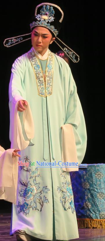 Chinese Yue Opera Wu Nv Bai Shou Scholar Costumes and Headwear Shaoxing Opera Xiaosheng Apparels Garment Young Male Embroidered Green Cape