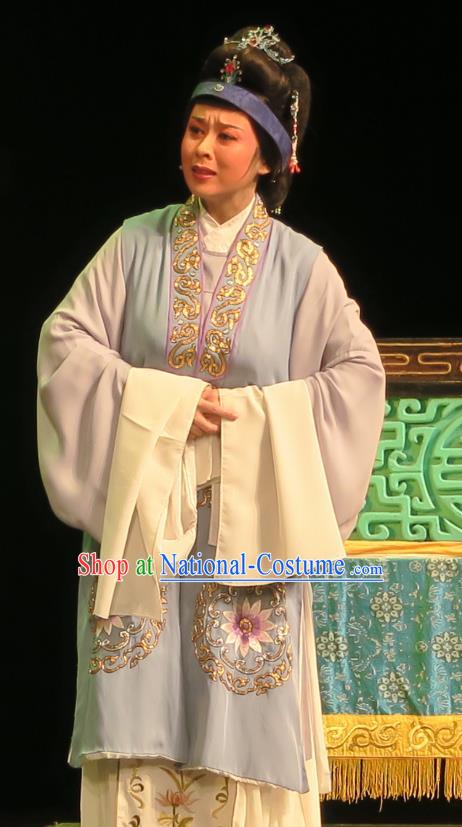 Chinese Shaoxing Opera Laodan Blue Cape Dress Yue Opera Wu Nv Bai Shou Costumes Elderly Female Garment Dame Apparels and Headdress