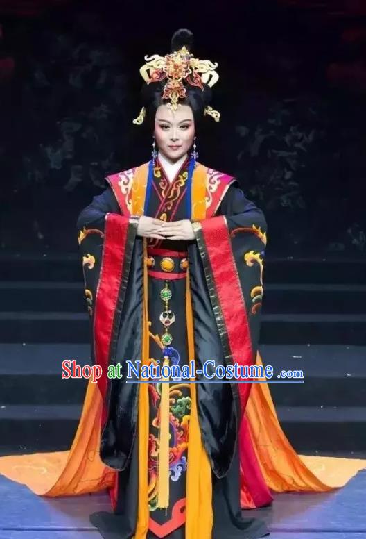 Chinese Shaoxing Opera Queen Dou Dress Costume and Headdress Yue Opera Apparels Court Lady Empress Garment