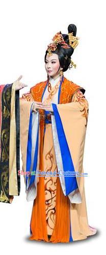 Chinese Shaoxing Opera Han Xing Wei Yang Empress Dou Dress Costume and Headdress Yue Opera Han Dynasty Queen Court Lady Garment Apparels