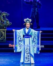 Chinese Shaoxing Opera Han Xing Wei Yang Empress Dou Apparels Costume and Headpieces Yue Opera Han Dynasty Queen Court Lady Blue Hanfu Dress Garment