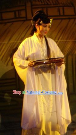 Chinese Shaoxing Opera Young Female White Dress Costumes and Headpieces Hu Die Meng Butterfly Dream Apparels Yue Opera Hua Tan Tian Xiu Garment