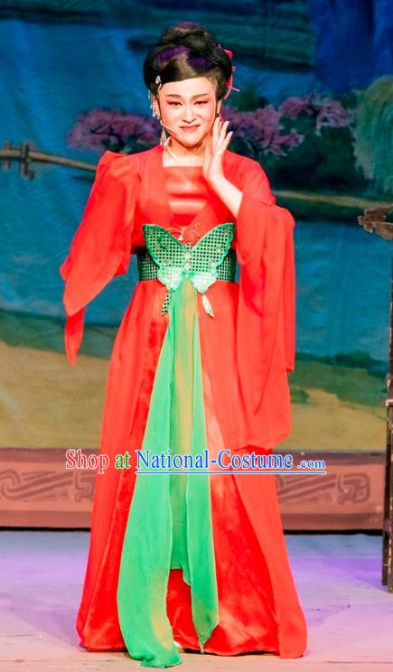 Chinese Shaoxing Opera Actress Red Dress Apparels and Hair Ornaments Hu Die Meng Butterfly Dream Yue Opera Young Lady Tian Xiu Garment Costumes