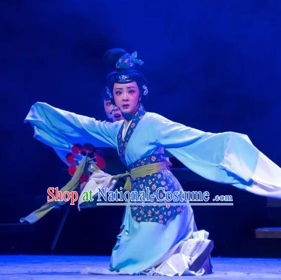 Chinese Shaoxing Opera Hua Tan Blue Costumes and Headpiece Changle Palace Yue Opera Garment Young Lady Actress Cao Huiniang Dress Apparels