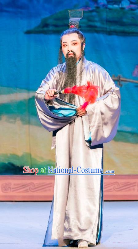 Chinese Yue Opera Elderly Man Apparels Costumes and Headpiece Hu Die Meng Butterfly Dream Shaoxing Opera Laosheng Garment Zhuang Zhou Grey Robe