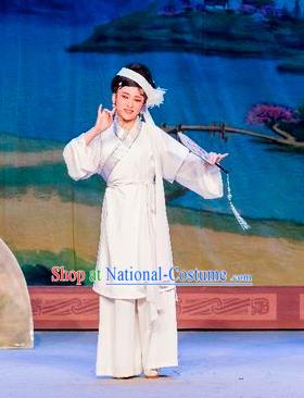 Chinese Shaoxing Opera Distress Maiden White Dress Apparels and Headdress Hu Die Meng Butterfly Dream Yue Opera Female Role Garment Costumes