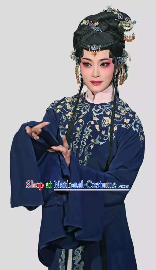 Chinese Shaoxing Opera Tsing Yi Navy Dress Young Female Costumes and Hair Accessories Xiang Luo Ji Yue Opera Actress Distress Maiden Garment Apparels