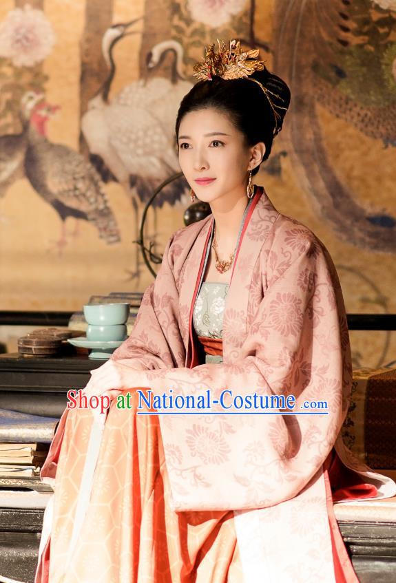 Chinese Ancient Imperial Empress Historical Costumes and Headpieces Drama Serenade of Peaceful Joy Song Dynasty Court Queen Cao Danshu Dress Garment