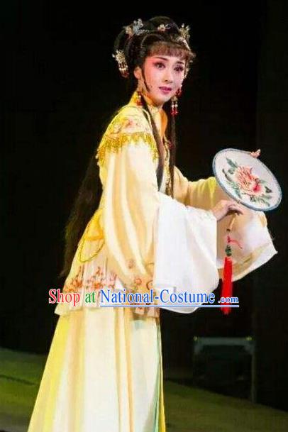 Chinese Shaoxing Opera Yellow Dress Costumes and Headwear Yue Opera Hua Tan Princess Liu Jinding Garment Apparels San Kan Yu Mei Clothing