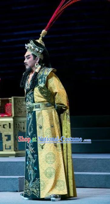 Chinese Yue Opera Royal King Costumes and Hat Shaoxing Opera The Desolate Palace of Liao Apparels Garment Emperor Clothing