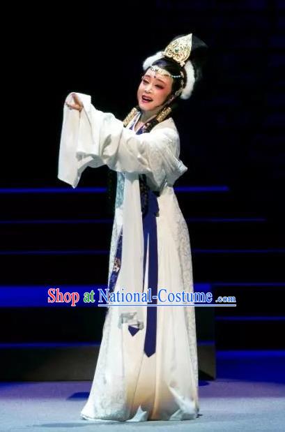 Chinese Shaoxing Opera Queen White Dress Costumes and Headdress The Desolate Palace of Liao Yue Opera Hua Tan Xiao Guanyin Garment Apparels