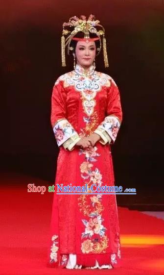 Feng Jie Chinese Shaoxing Opera Hua Tan Red Dress Apparels and Headpieces Yue Opera Noble Mistress Wang Xifeng Garment Costumes