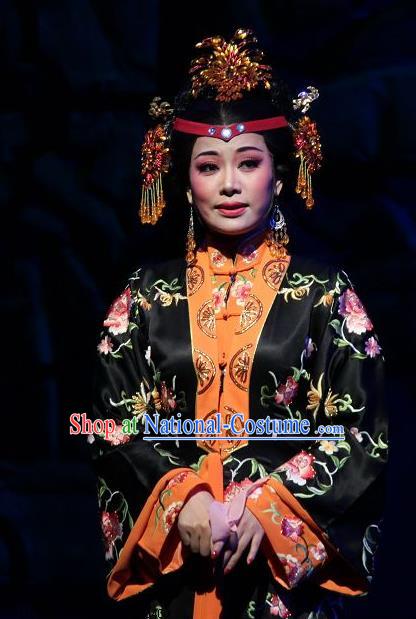 Chinese Shaoxing Opera Feng Jie Noble Dame Wang Xifeng Apparels Costumes and Hair Accessories Yue Opera Young Female Black Dress Garment