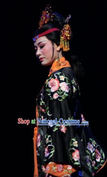 Chinese Shaoxing Opera Feng Jie Noble Dame Wang Xifeng Apparels Costumes and Hair Accessories Yue Opera Young Female Black Dress Garment