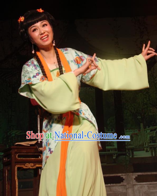 Chinese Shaoxing Opera Young Lady Costumes and Hair Accessories Lions Roar Yue Opera Xiaodan Dress Apparels Servant Girl Garment