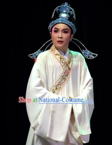 Lions Roar Chinese Yue Opera Young Male Costumes and Headwear Shaoxing Opera Scholar Chen Zao Garment Apparels White Robe