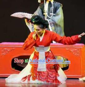 Chinese Shaoxing Opera Korean Geisha Hanbok Garment and Headpieces Chunh Yang Yue Opera Female Red Dress Costumes Apparels