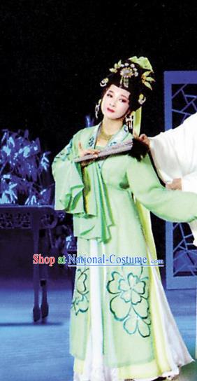 Chinese Shaoxing Opera Hua Tan Actress Apparels Costumes and Hair Accessories Li Hui Niang Yue Opera Young Lady Garment Green Dress