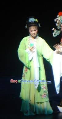 Chinese Shaoxing Opera Young Female Costumes and Hair Accessories Li Hui Niang Yue Opera Hua Tan Actress Garment Green Dress Apparels