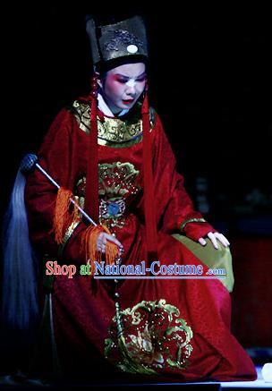 Liu Yong Chinese Yue Opera Figurant Chou Role Garment and Hat Shaoxing Opera Eunuch Costumes Red Robe Apparels