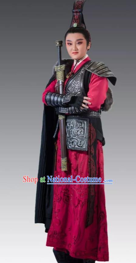 Chinese Yue Opera General Apparels Costumes and Headpiece From Love to Patriotism Deliver the Messenger Shaoxing Opera Wusheng Young Male Armor Garment