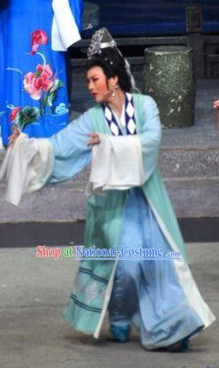 Chinese Shaoxing Opera Hua Tan Blue Dress and Headdress Xun An Zhan Fu Yue Opera Taoist Nun Li Yuesu Garment Apparels Costumes