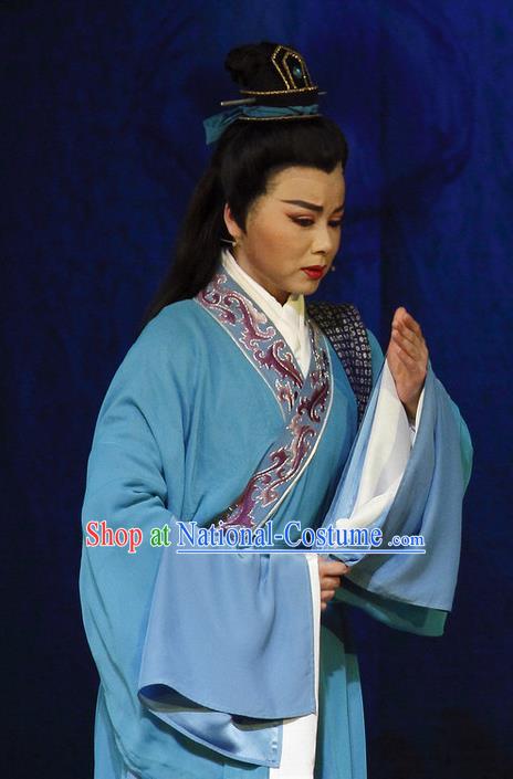 Chinese Yue Opera Scholar Blue Robe Apparels and Headwear The Princess Messenger Farewell at Lakeside Shaoxing Opera Young Male Liu Yi Garment Costumes