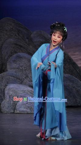 Chinese Shaoxing Opera Shepherdess Blue Dress Costumes and Headpieces The Princess Messenger Farewell at Lakeside Yue Opera Hua Tan San Niang Apparels Garment