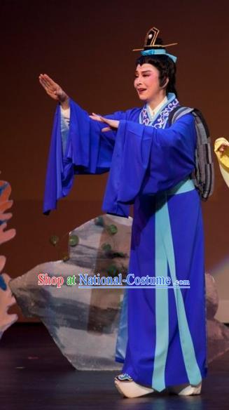 Chinese Yue Opera Young Man Scholar Liu Yi Apparels Costumes and Headwear The Princess Messenger Farewell at Lakeside Shaoxing Opera Xiaosheng Blue Robe Garment