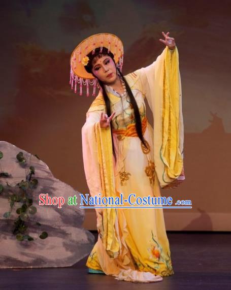 Chinese Shaoxing Opera Actress Yellow Dress Costumes and Hat The Princess Messenger Farewell at Lakeside Yue Opera Hua Tan San Niang Garment Apparels