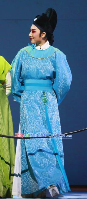 Liu Yong Chinese Yue Opera Young Male Blue Robe Garment and Hat Shaoxing Opera Scholar Poet Costumes Apparels