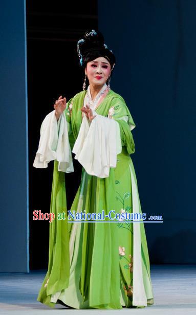 Chinese Shaoxing Opera Diva Garment and Hair Jewelry Yue Opera Liu Yong Female Costumes Hua Tan Actress Green Dress Apparels