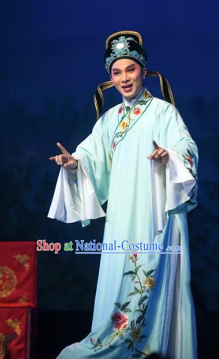 Zhuang Yuan Da Geng Chinese Yue Opera Scholar Shen Wensu Robe Garment and Headwear Shaoxing Opera Xiao Sheng Young Male Costumes Apparels