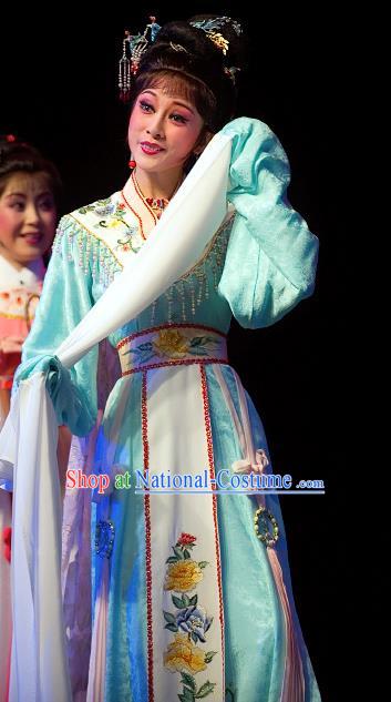 Chinese Shaoxing Opera Hua Tan Blue Dress Garment and Hair Jewelry Yue Opera Zhuang Yuan Da Geng Young Female Liu Chanjin Costumes Actress Apparels